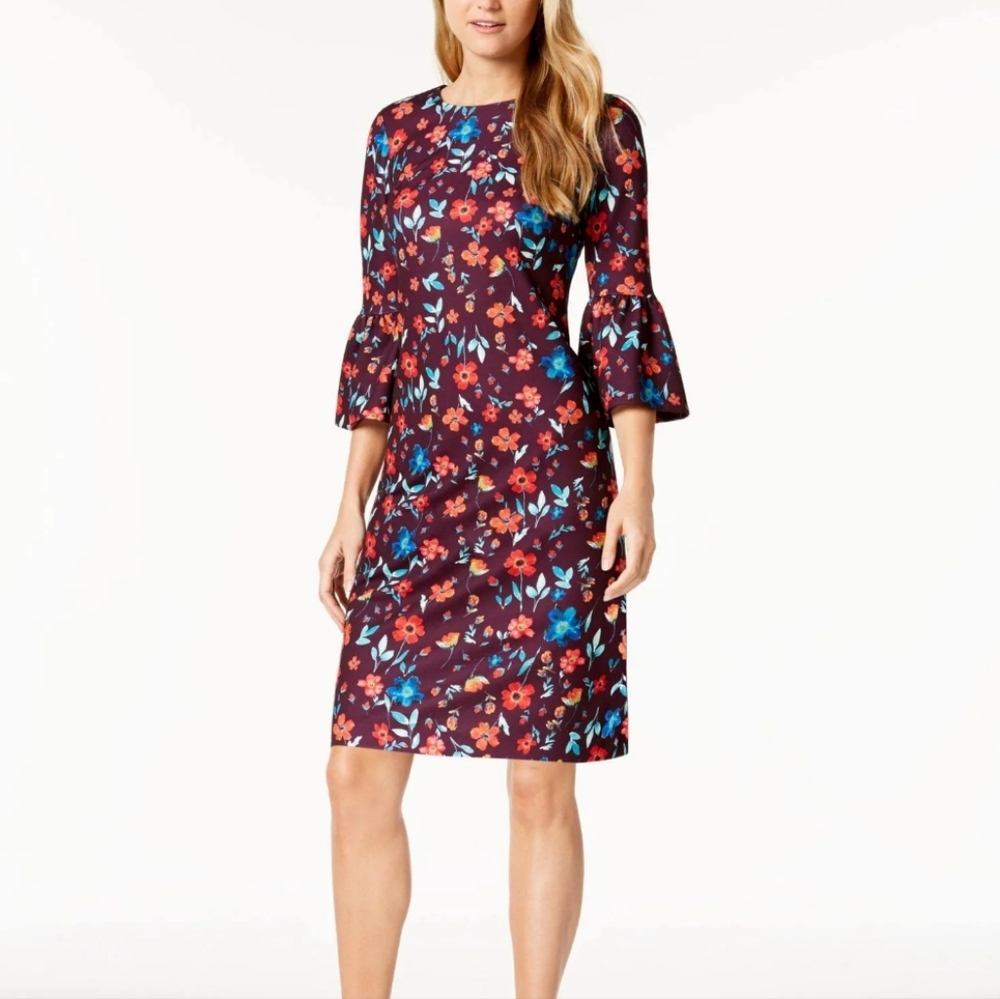 Calvin Klein Womens Purple Printed Bell Sleeve Sheath‎ Dress Sz 4P